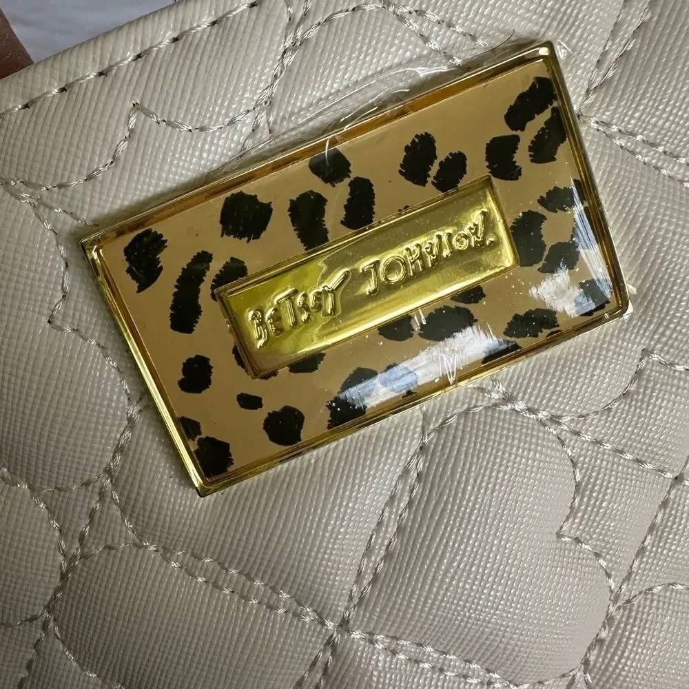 Betsey Johnson Cream Quilted Heart Clutch Cheetah Print